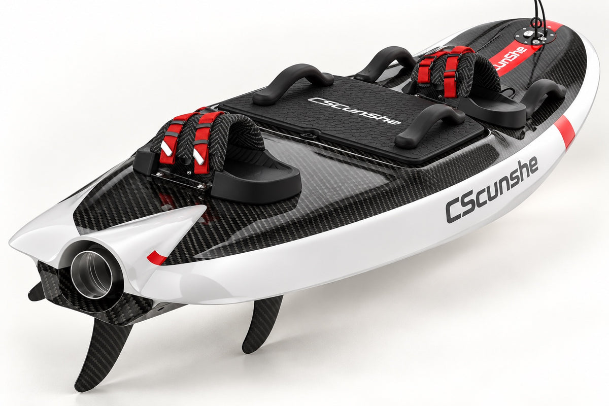 Carbon Max electric jetboard detail — reference-derived draft visualization; final configuration to be confirmed