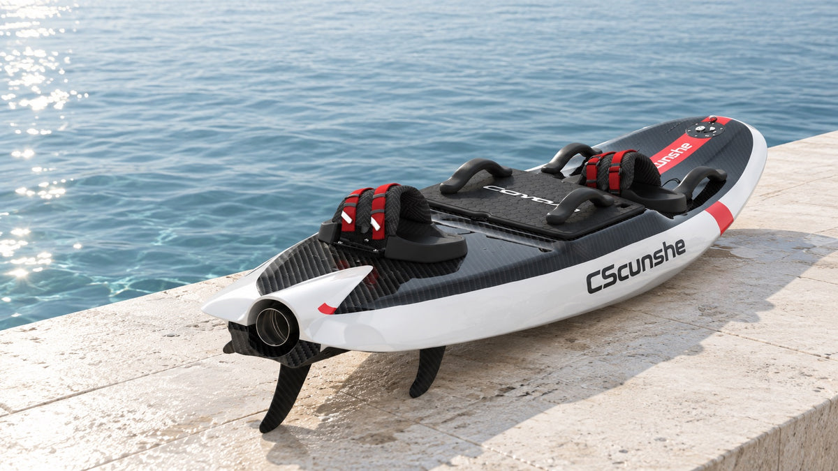 Carbon Max electric jetboard marina scene — reference-derived draft visualization; final configuration to be confirmed