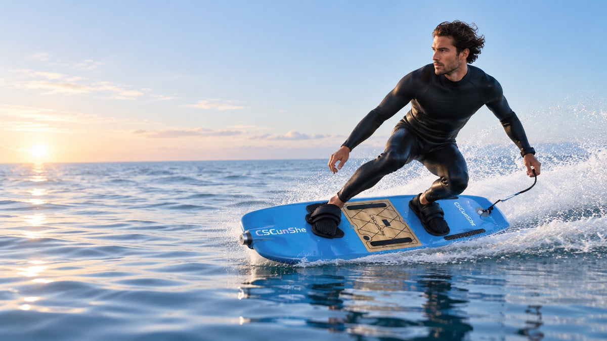 Blue electric jetboard on water — reference-derived draft visualization; final configuration to be confirmed