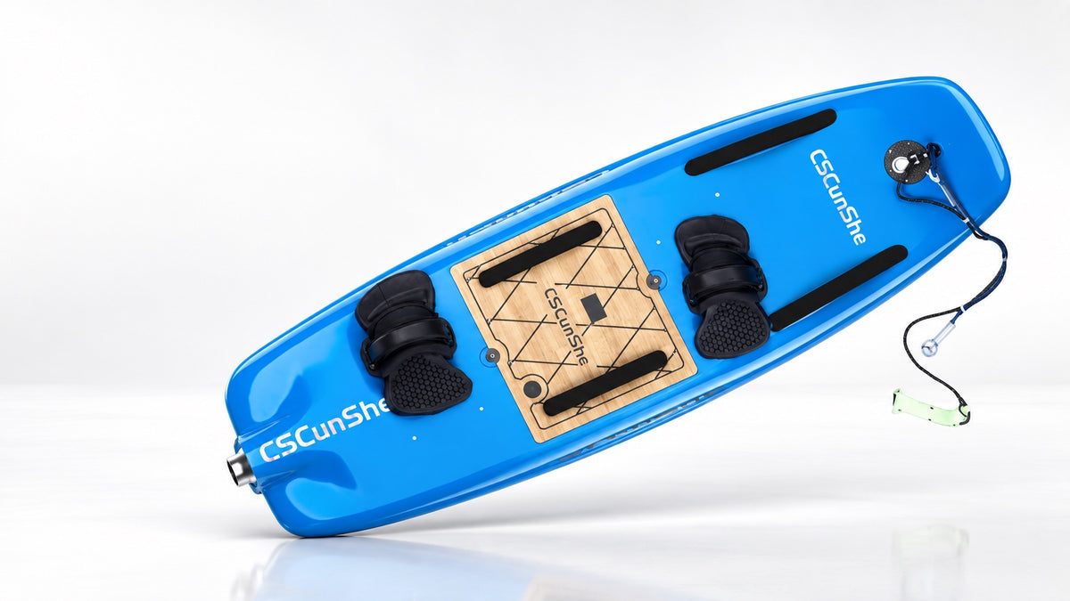 Blue electric jetboard — reference-derived draft visualization; final configuration to be confirmed