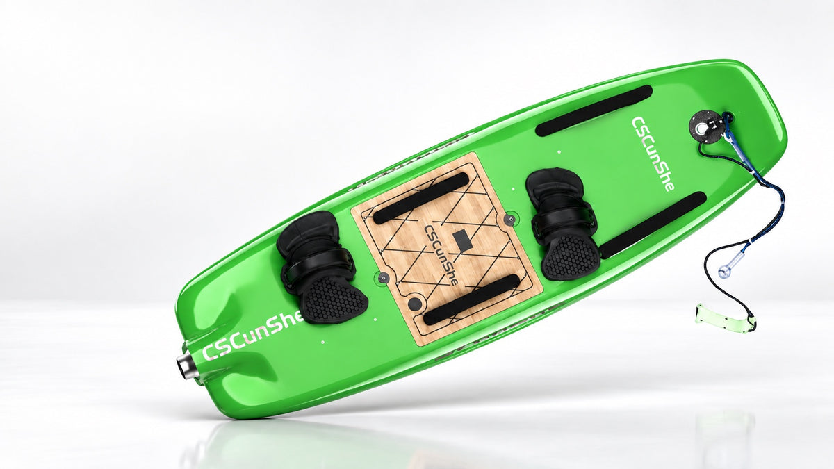 Green electric jetboard — reference-derived draft visualization; final configuration to be confirmed